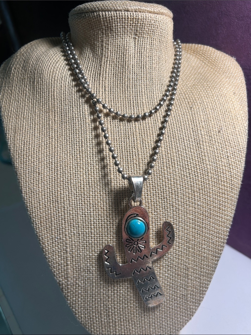 Southwestern Turquoise Cactus Pendant Necklace - Silver Tone